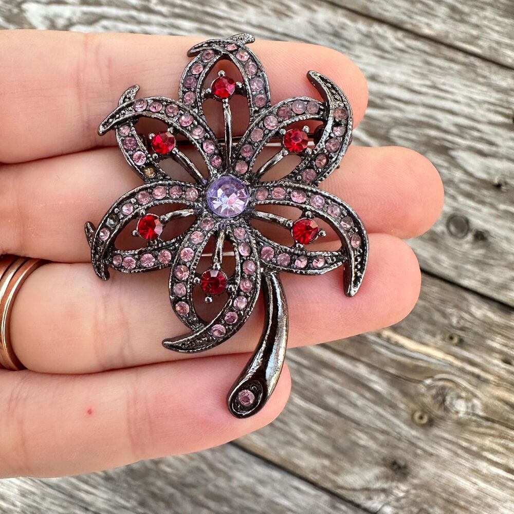 Vintage Pink & Purple Rhinestone Flower Brooch